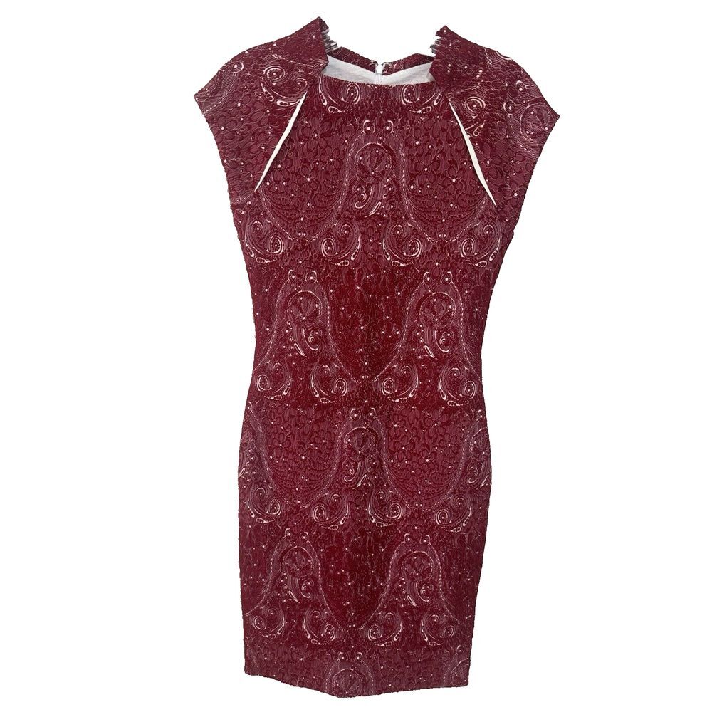 Yigal Azrouel Dress Red Paisley Jacquard Jersey Size 4 Cap Sleeve Sheath